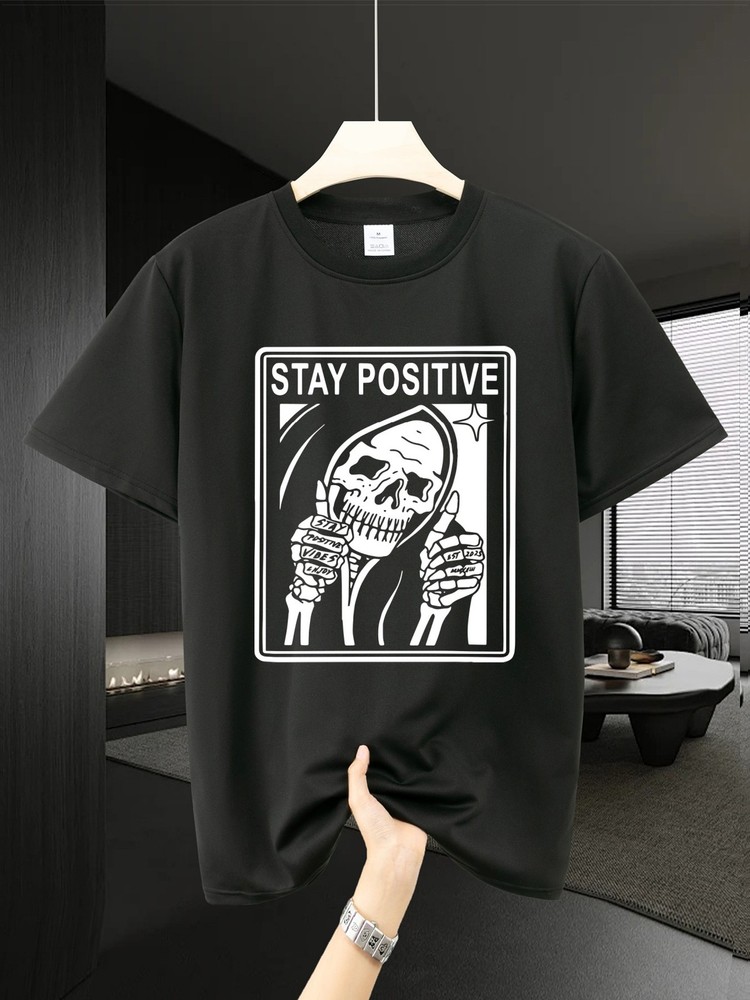 Stay Positive Skull Design Regular Fit Short Sleeve Tee for Streetwear Casual