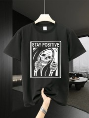 Stay Positive Skull Design Regular Fit Short Sleeve Tee for Streetwear Casual