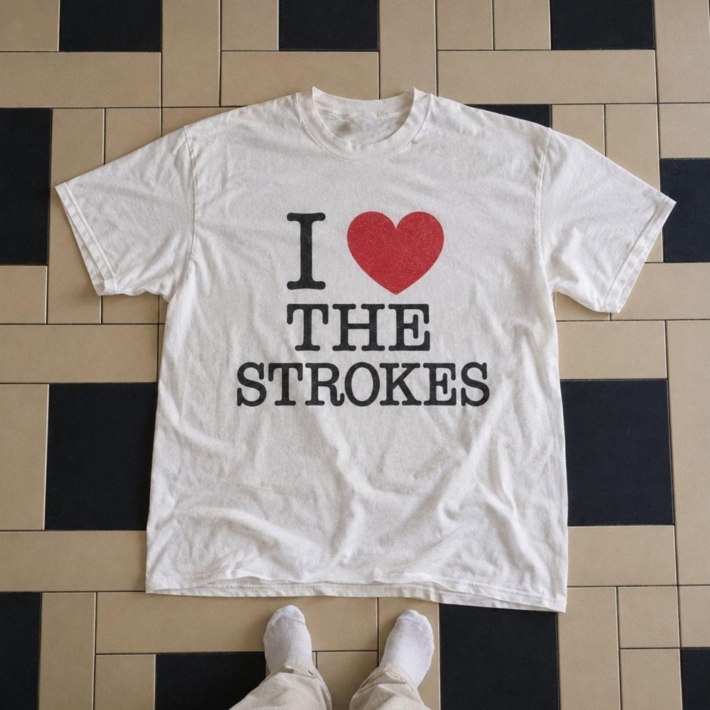 The Strokes Band T-Shirt White I Love The Strokes Heart Graphic Indie Rock Tee