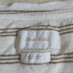 Porter&Ash T Shirt XL/L*White Green Olive Striped 100%Linen Crew Neck Neutral