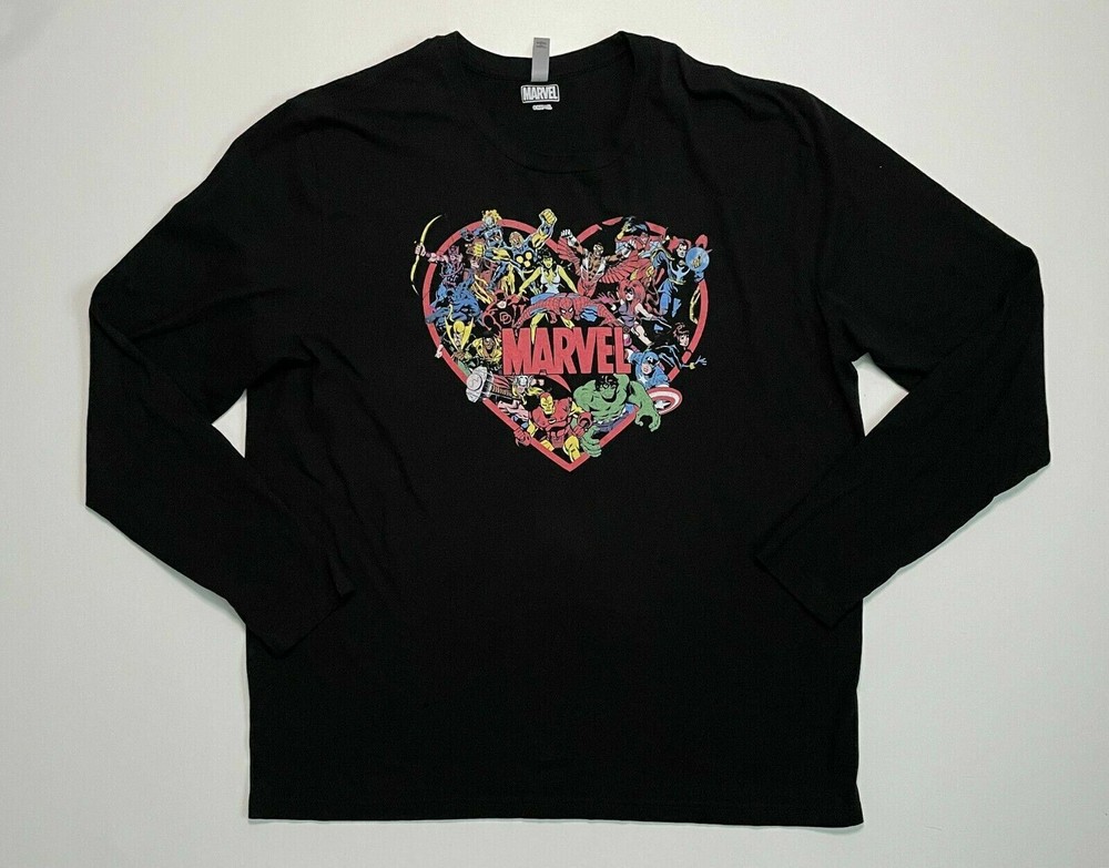 Marvel Avengers Heart Graphic Tee Comic Theme Black Long Sleeve Shirt Men’s XXL