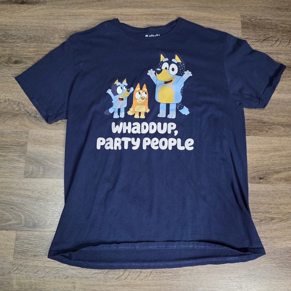 Bluey Mens XL T-Shirt Navy Blue Whaddup Party People Graphic Bandit Bingo Tee