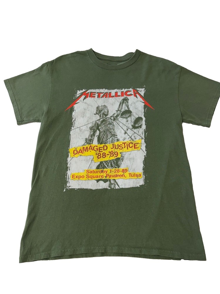 Metallica Shirt Mens Medium Green Damaged Justice 88-89 Tulsa Concert Tour Rock