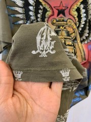 Christian Audigier T-Shirt L Olive Green Winged Grenade Rhinestone Y2K Foil #63