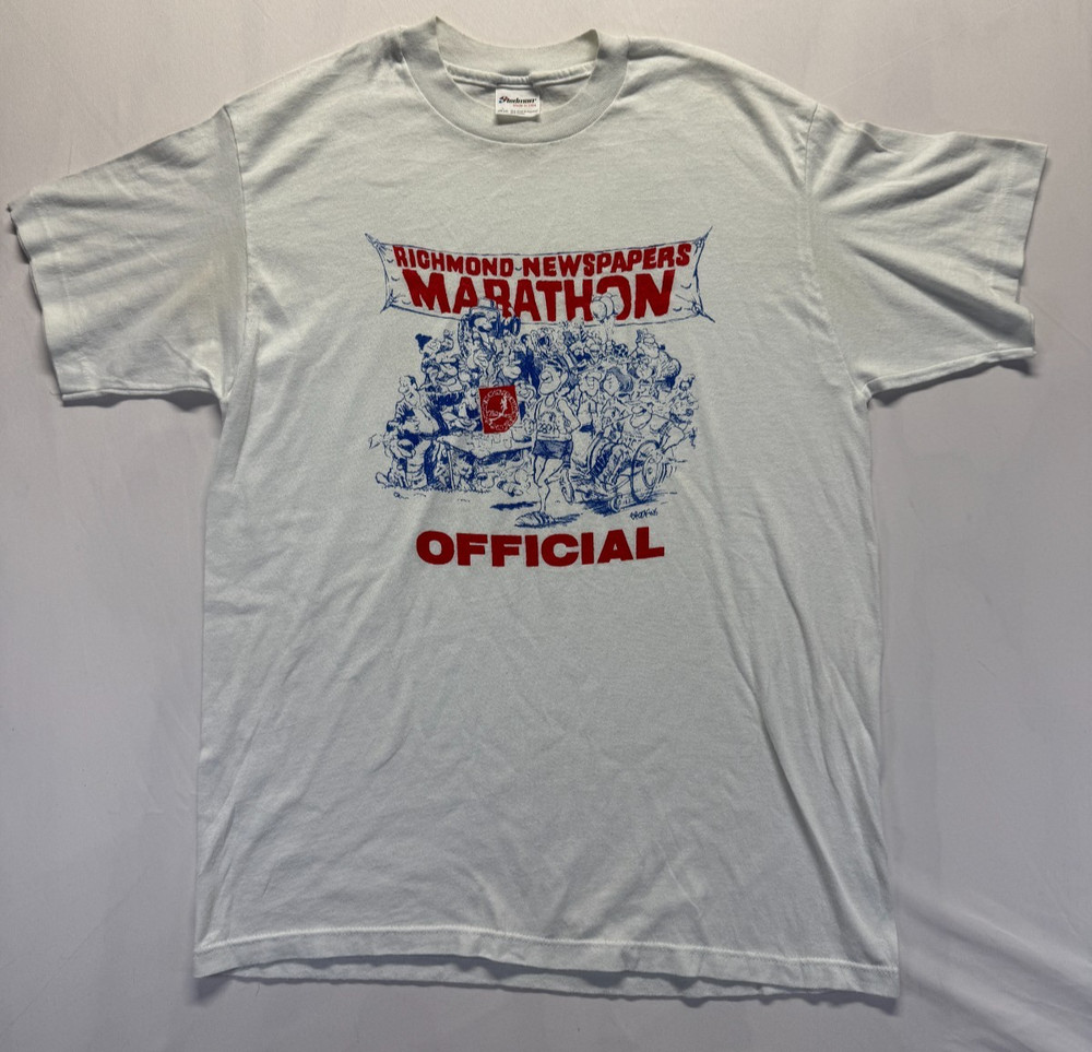VTG Stedman T Shirt Mens Large White Graphic Print Richmond Newspapers Marathon