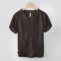 Men 100% Linen T-shirt V Neck Summer Short Sleeves Retro Tops Casual Undershirt
