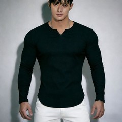 V Neck Long Sleeve Elastic Tee Top for Men Polyester Spandex Workout Streetwear
