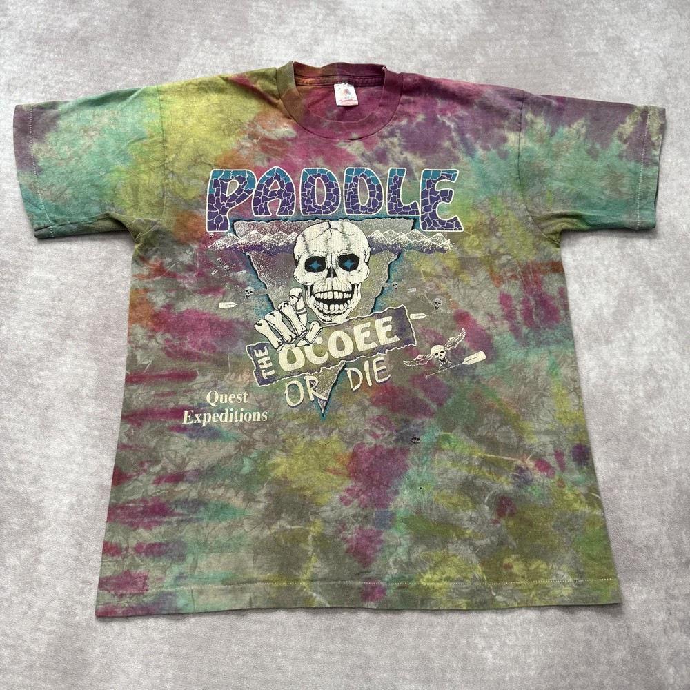 Vintage 90s Paddle Ocee River Shirt L Tie Dye Skull River Tennessee Rafting