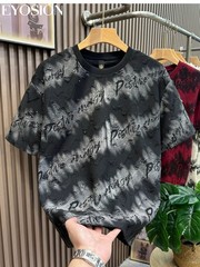 Men Distress Tie Dye Ripped Hole T-Shirt Casual Streetwear Crew Neck Slit Tee