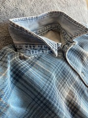 Vintage Structure Flannel Shirt L Blue Plaid Denim Collar Made in USA 90s