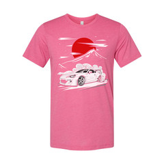 Toyota GR86 Unisex T Shirt With Drift Car Graphic Under Red Sun And Mountain Sce