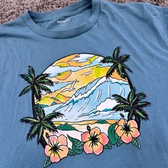 Old Navy Mens Large Teal Blue Tropical Beach Surf Graphic Soft Washed T-Shirt