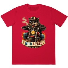 Wild & Free Wolf Biker Motorcycle Chopper Flames Funny Animal Graphic T-Shirt.