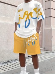 Men’s casual short-sleeved shirt and shorts set, 2-piece men’s printed crew neck