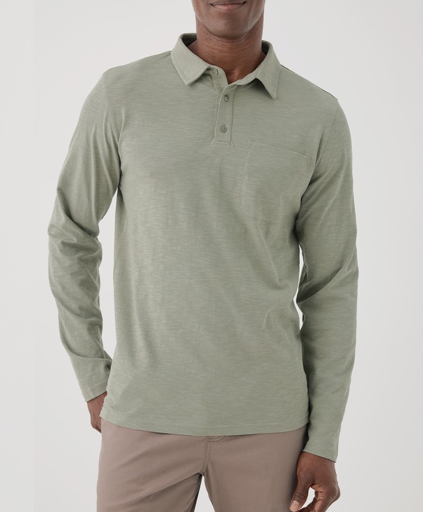 Pact Men’s Field Midweight Slub Long Sleeve Polo Small Shadow Green Top
