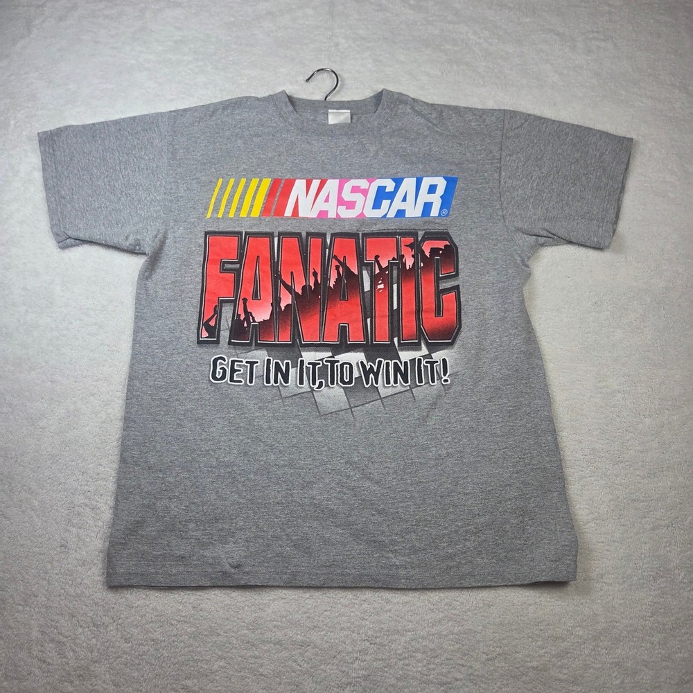 NASCAR Fanatic T Shirt Mens Large Gray Checkered Flag Sports Anvil Graphic Tee