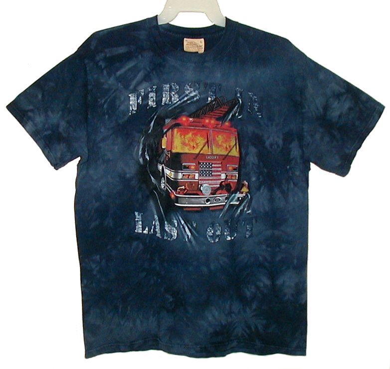Sz L T-Shirt “FIRST IN LAST OUT” Fire Engine Ladder 1 Navy Cotton THE MOUNTAIN