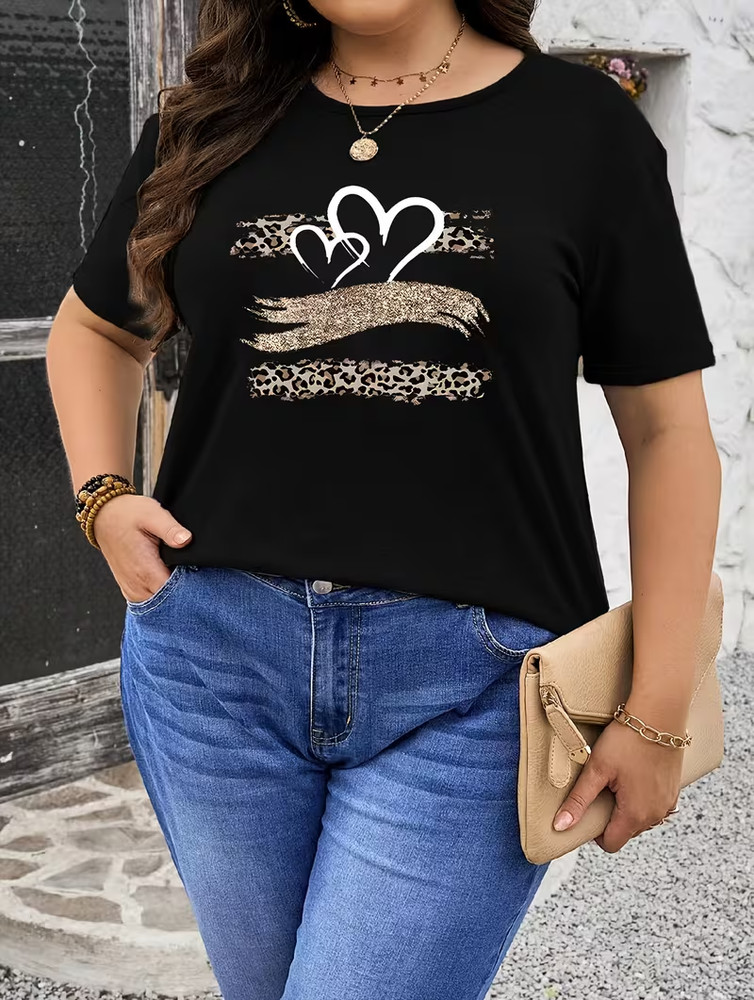 Plus Size – Plus Size – Leopard Print Heart Pattern Black T-Shirt