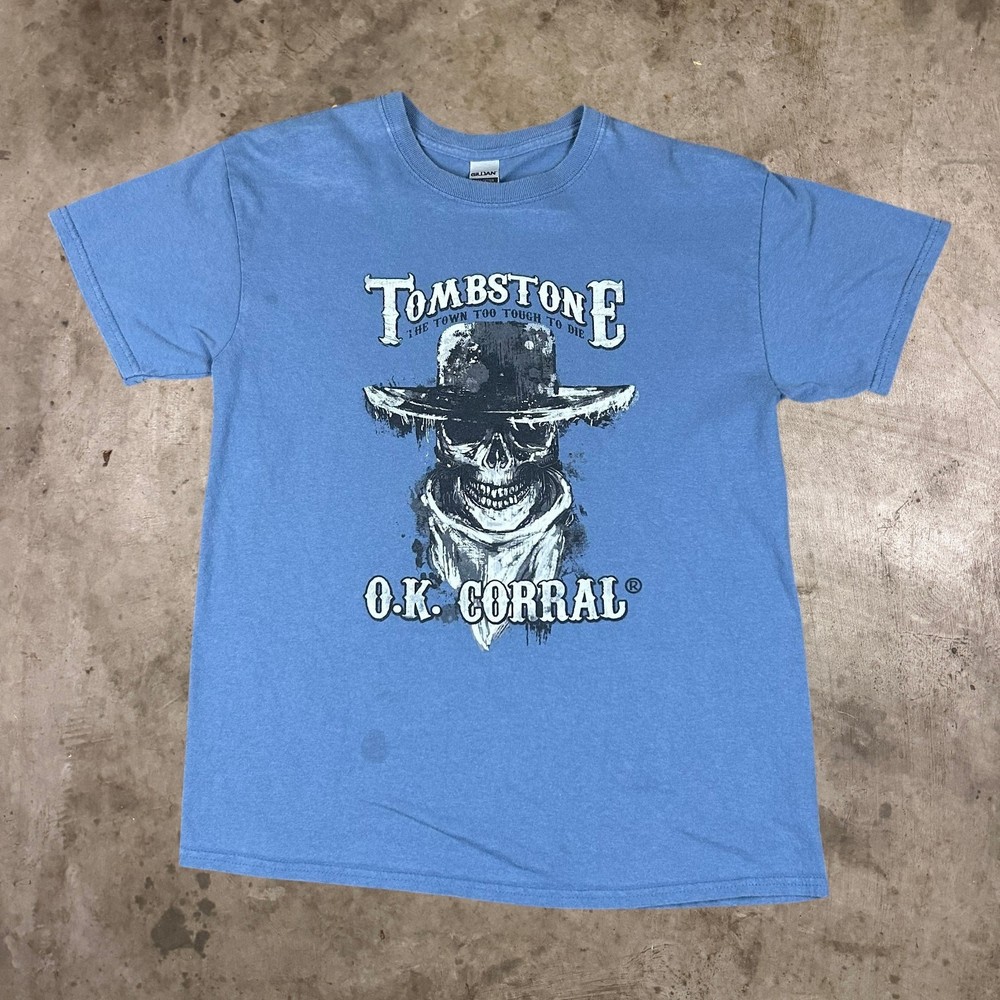 Gildan Tombstone OK Corral Skull Graphic T-Shirt Western Cowboy Tee Blue Mens M