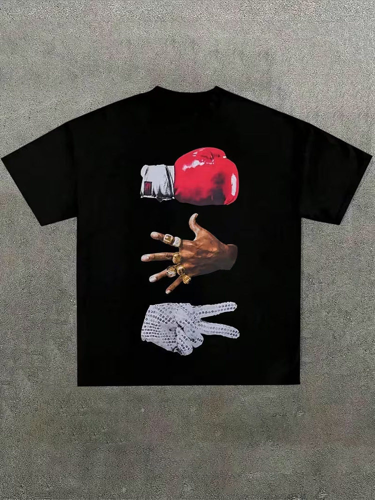 Plus Size Men, Black Tee with Symbolic Hands Graphic, Y2K, Street Style, Digital