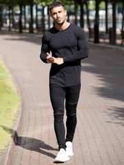 BBH Mens Gym T shirt Longline Slim Muscle Fit Long Sleeve Plain Curved Hem Tee
