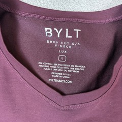 BYLT Shirt Mens L Drop Cut S/S V-Neck Lux Maroon Stretch Curved Hem Athletic