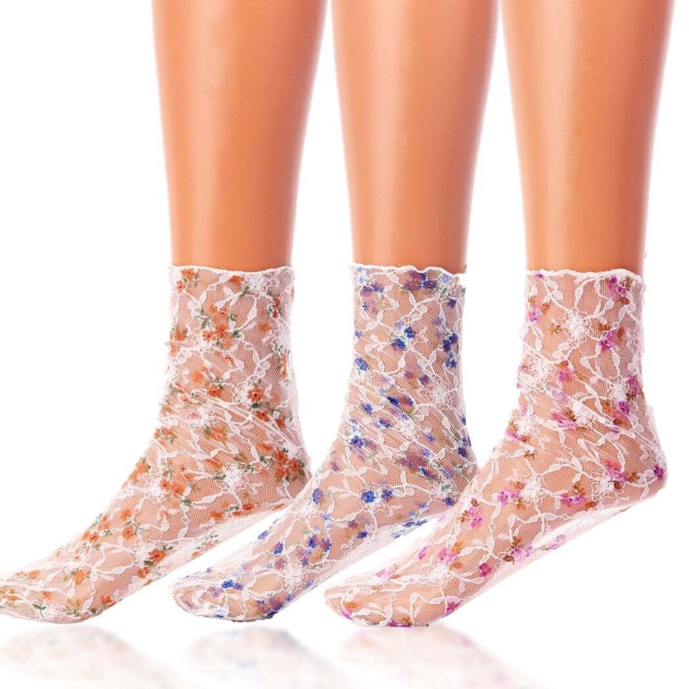 Floral Lace See Through Socks Tulle Loose Sheer Mesh Cool Ankle 3 Pairs