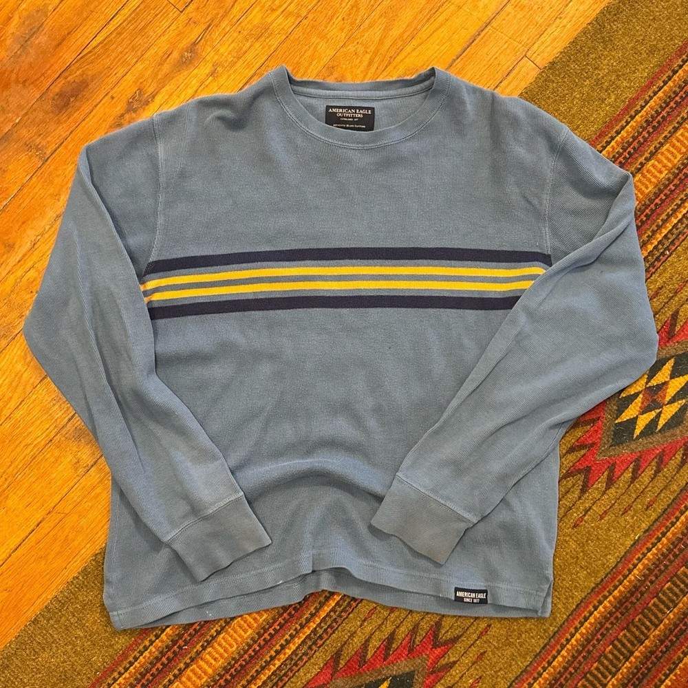 American Eagle Blue Stripe Ribbed Long Sleeve Thermal Shirt