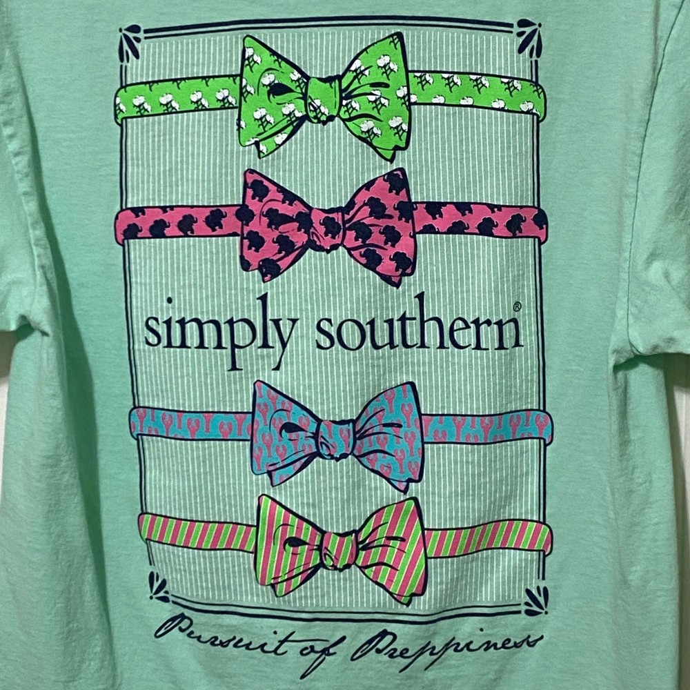 Simply Southern Mens Preppy T-Shirt M Minty Green Bow Ties Casual Coastal