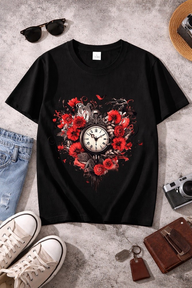 Vintage Gothic Heart Black T-Shirt Retro Steampunk Clock Floral Graphic Tee