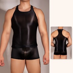 Sexy Men’s Shiny Oil Tank Top Elastic Tank Top Transparent Fitness T-Shirt