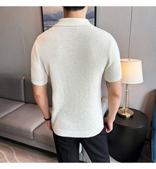 Summer New Men’s Short Sleeve Knit Shirt V-Neck Collar Slimming Casual Shirt Top
