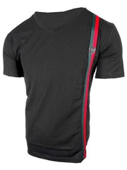 Mens T- Shirt Italian Side Sport Stripe Badge V-Neck Slim Fit Stretch Casual