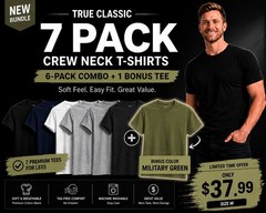 🔥 True Classic 7-Pack Crew Neck T-Shirts | Size M | + Bonus M.Green Tee