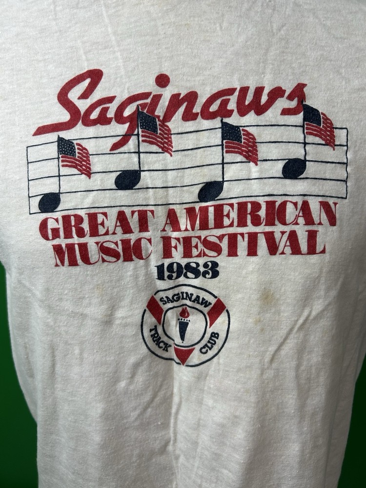 SAGINAW MICHIGAN Music Festival T-Shirt Large (fits smaller) White Vintage 1983