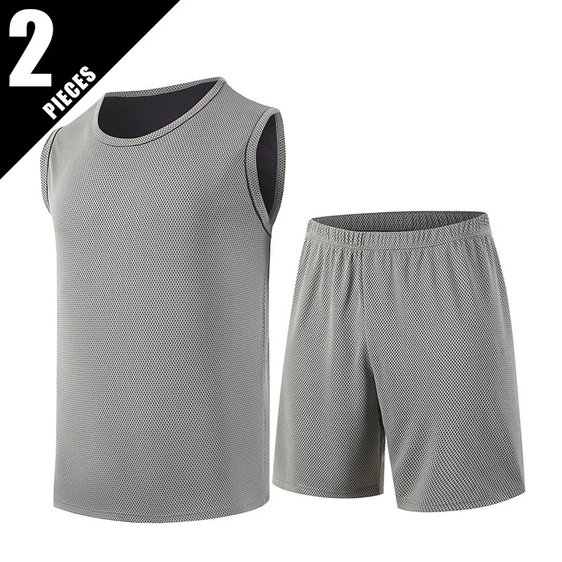 2-Piece Men’s Set Round Neck Short Sleeved Set Solid Color Mesh Summer Quick Dry
