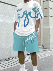 Men’s casual short-sleeved shirt and shorts set, 2-piece men’s printed crew neck