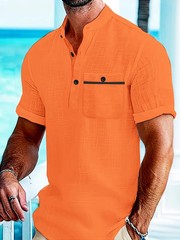 Mens Cotton Solid Color Shirt Stand Collar Casual Business Summer Beach Fun Gift