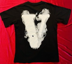Black Round Neck V Lone T Shirt Angel Smoke White Print 100% Cotton Sz Small