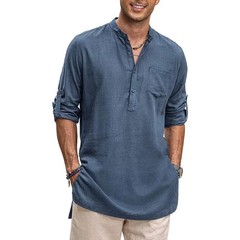 COOFANDY Men Linen Henley Shirts Long Sleeve Collarless T-Shirts Longline