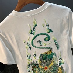 Men Embroidery Dragon Graphic T-Shirt Casual Short Sleeve Crewneck Cotton Tee