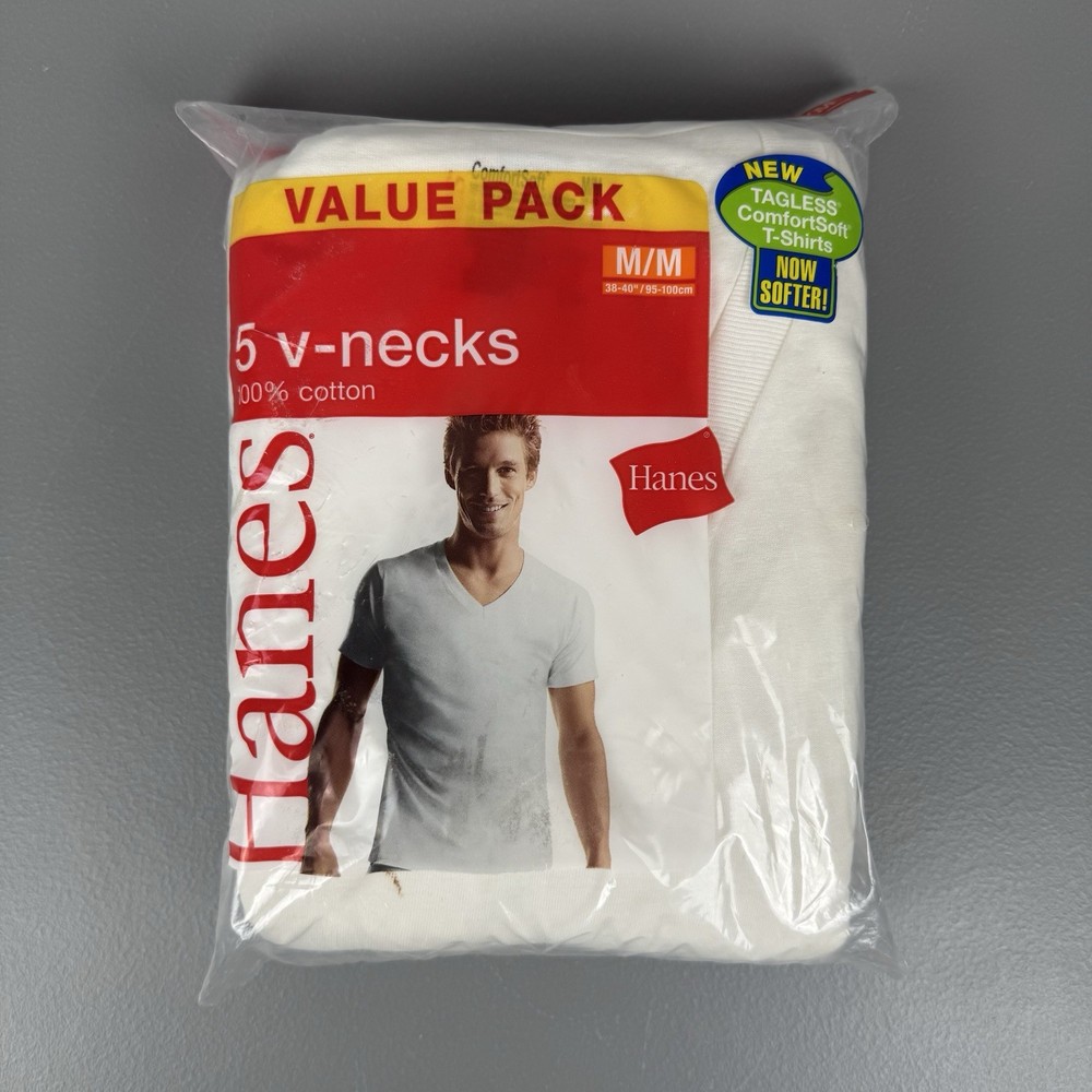VTG Hanes T-Shirt Men M 38-40″ White 5 Pack V-Neck Tagless Cotton 777P5 NOS 2006