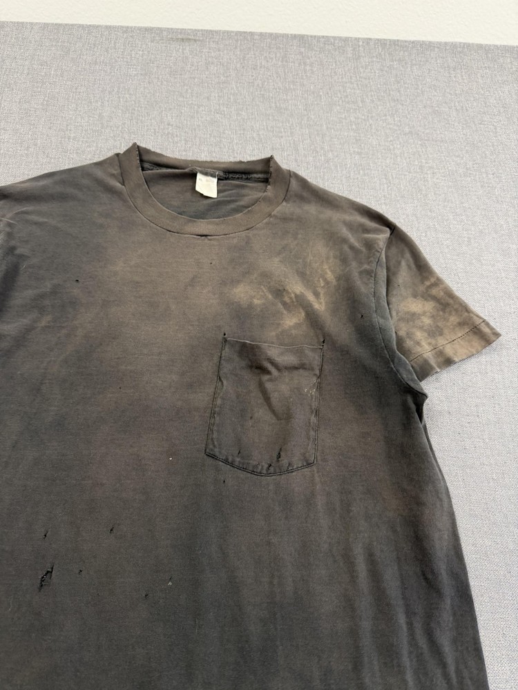Vintage 80s Black Blank Pocket T-Shirt Sun Faded Mens XL Cotton Basic Distresed