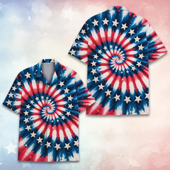 Patriotic Tie Dye Hawaiian Shirt 4th of July Button USA Flag Independence Day