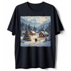 Cozy Winter Village T-Shirt Christmas Log Cabin Snow Scene Mountain Holiday Art