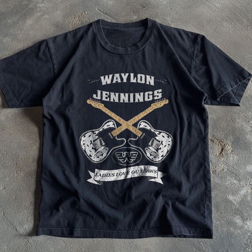 Waylon Jennings Ladies Love Outlaws Guitars Country Unisex Black Cotton T-Shirt