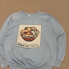 Vintage 90s Pueblo Art School Sweatshirt Blue Raglan Polycotton Painting Size L
