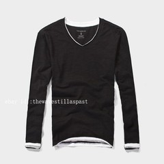 Mens Round Collar Long-Sleeved T-Shirts Cotton V-Neck Solid Color Casual Tops