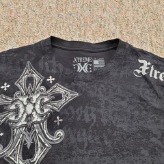 Xtreme Couture Shirt Mens 2XL Black All Over Print Cross Wings Tribal Grunge