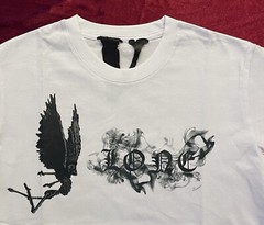 White Round Neck V Lone T Shirt Angel Smoke Black Print 100% Cotton Sz Small